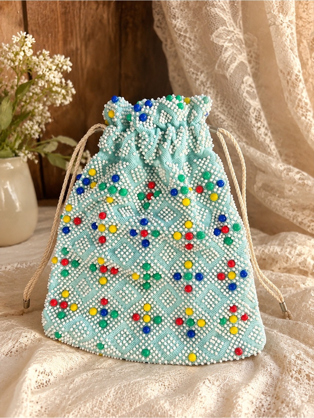 Vintage Handmade Beaded Drawstring Bucket Bag Aqua Floral Hong Kong